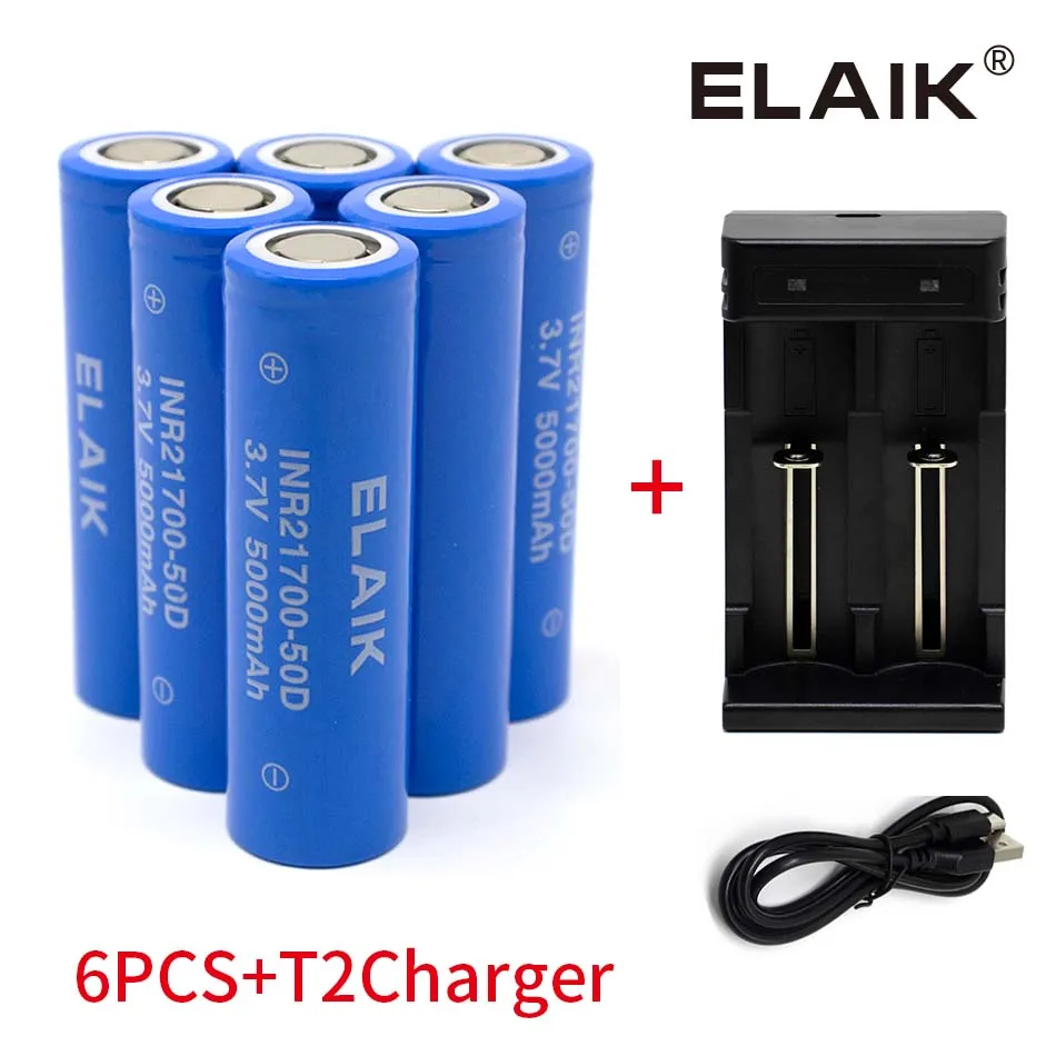 ELAIK Lii-50D 21700 5000mah Rechargeable Battery 3.7V 5C discharge High Power batteries For High-power Appliances + Charger