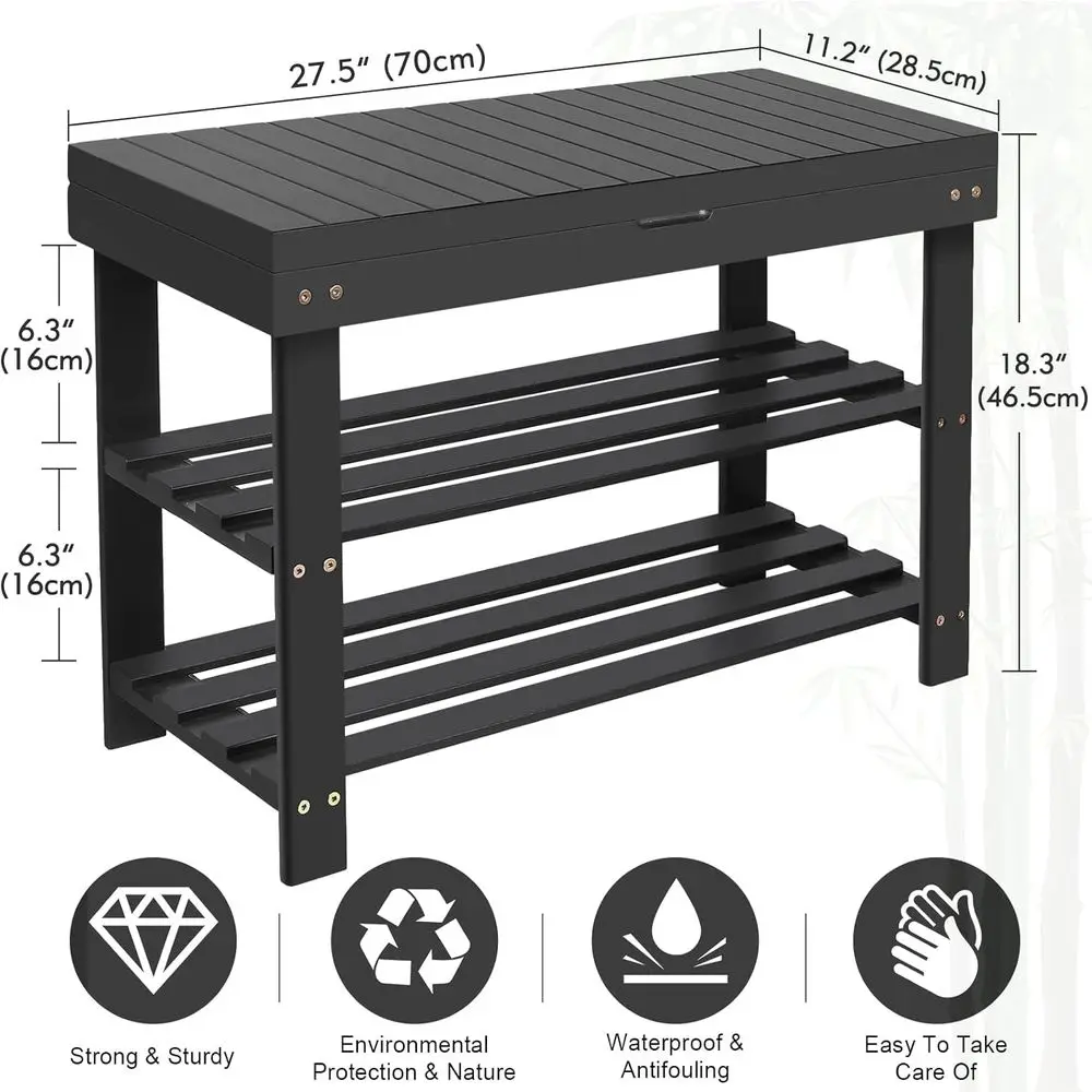 3-laags bamboe schoenenrekbank met opberglade, compacte entree-organizer voor binnen- en buitengebruik, zwart