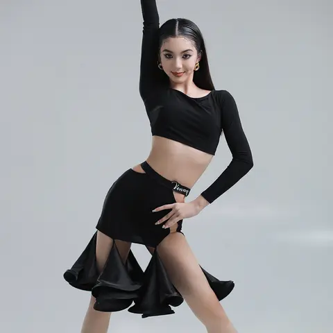 VENNY vestido de baile latino cuello redondo vestido de baile de manga larga media falda vestido de entrenamiento niña adulto