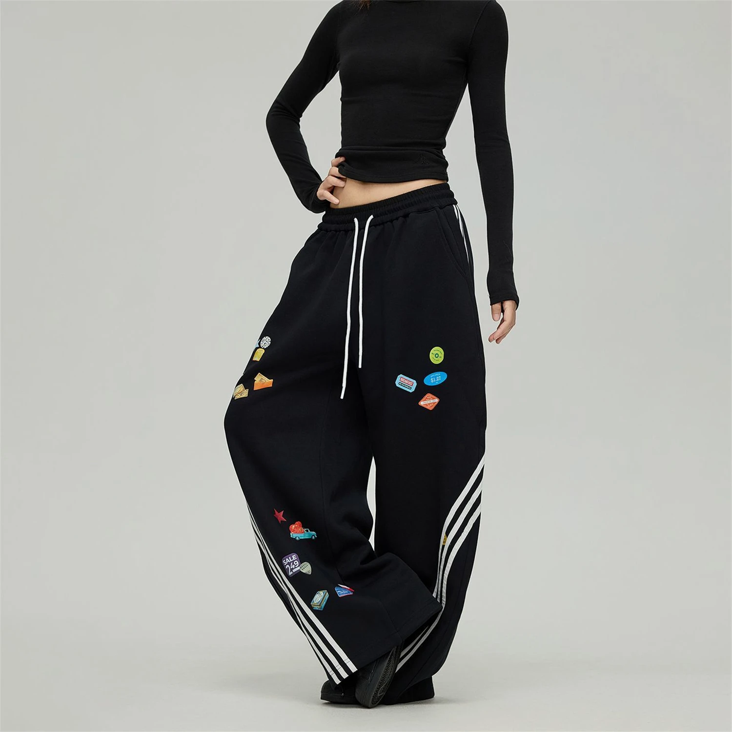 Women's High Waist Wide Leg Sweatpants Black Side Striped Cartoon Sticker Print Loose Casual Streetwear Trousers With Drawstring