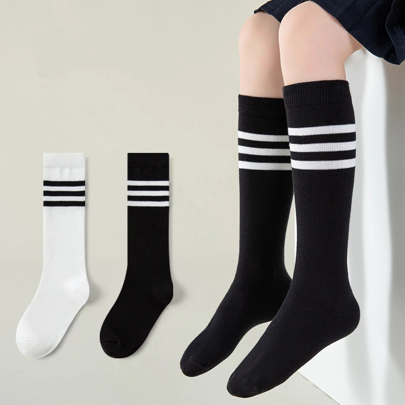 5 Pairs Knee Student Long Pure Cotton Socks Black White Striped Boys Girls Dance Socks College Style Kids Sports Socks For 2-12y