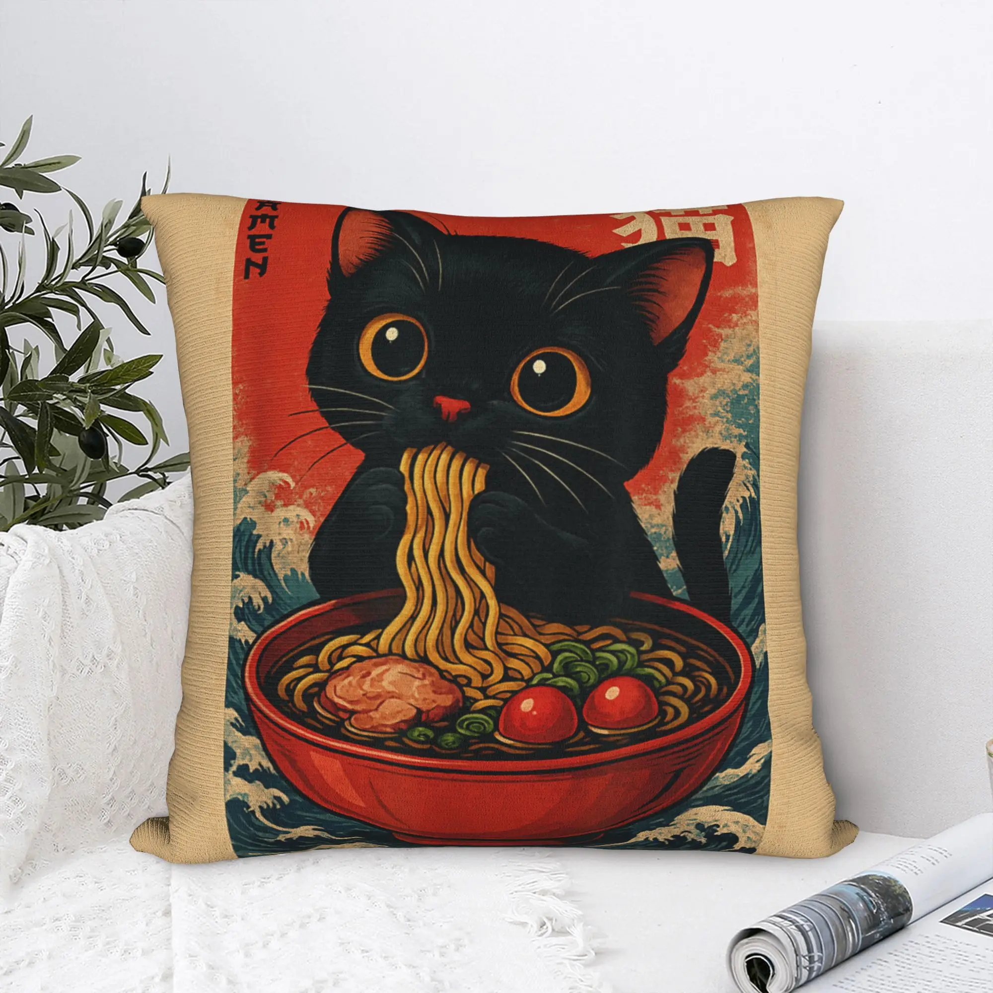 Kawaii Anime Cat Ramen Japanese Pillow Cover  Custom Cushion Cover Cute Funny Pillow Case For Sofa Car Home Decor