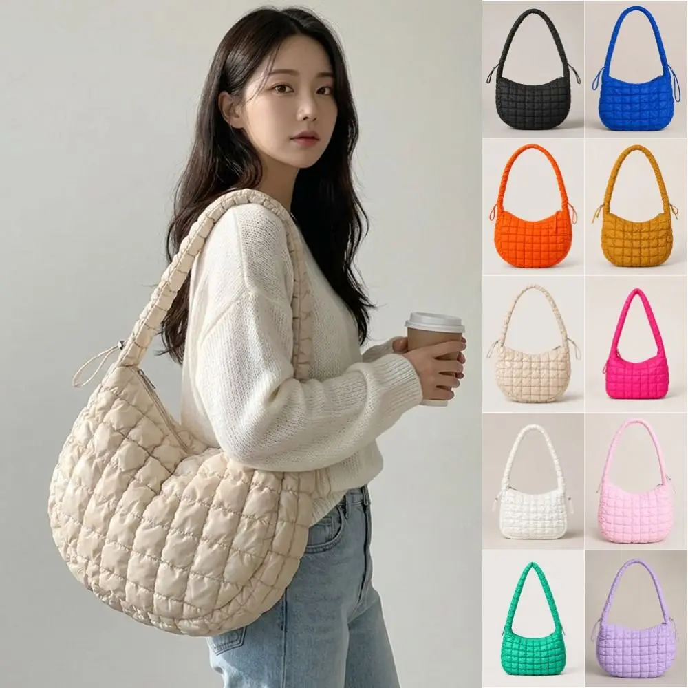 Solid Color Nylon Puffer Shoulder Bag Cloud Down Cotton Cloud Crossbody Bag Large Capacity Bubble Checkered Pleated Handbag