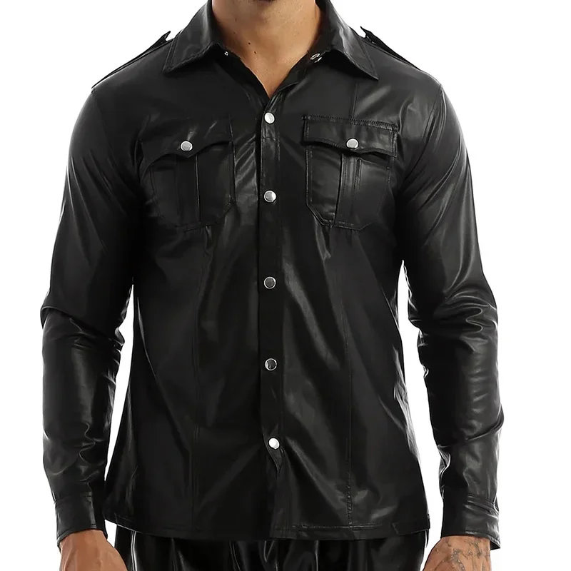 Men\'s Faux Leather Shirts Casual Nightclub Stage Costumes Long Sleeve Button Up Shirt PU Leather Wetlook Dance Clubwear 2024