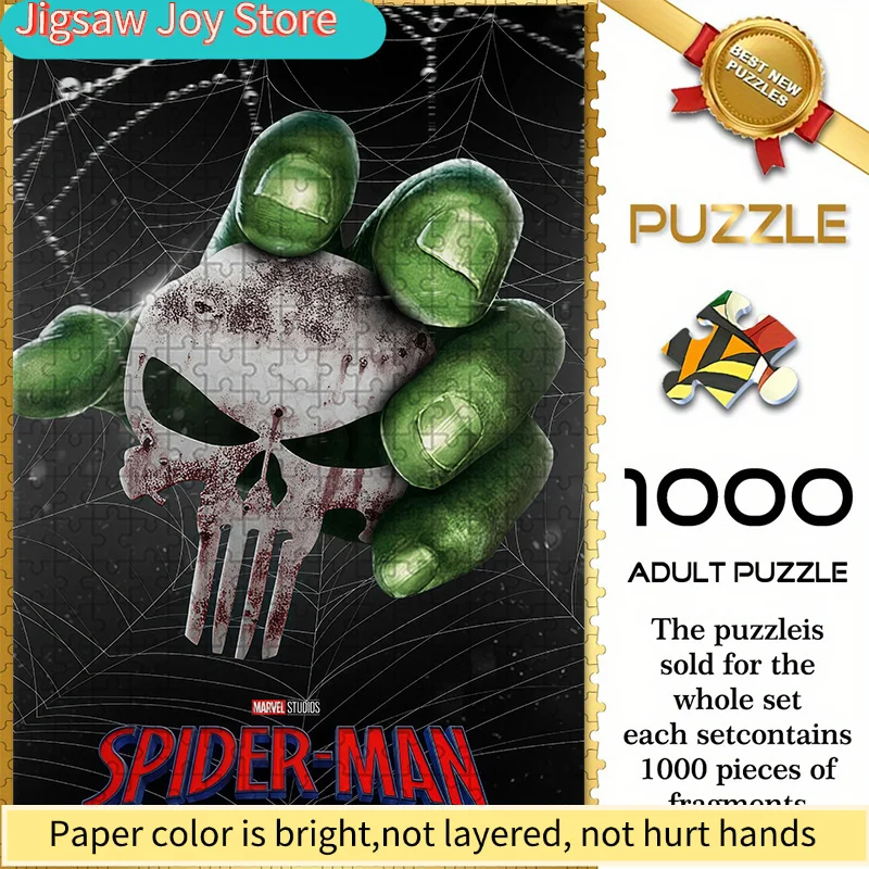 

of Marvel Spider-Man Punisher Themed Seamless Puzzle W26.1.8-26, Featuring a Green Hand Holding a Skull Logo Against a Spider