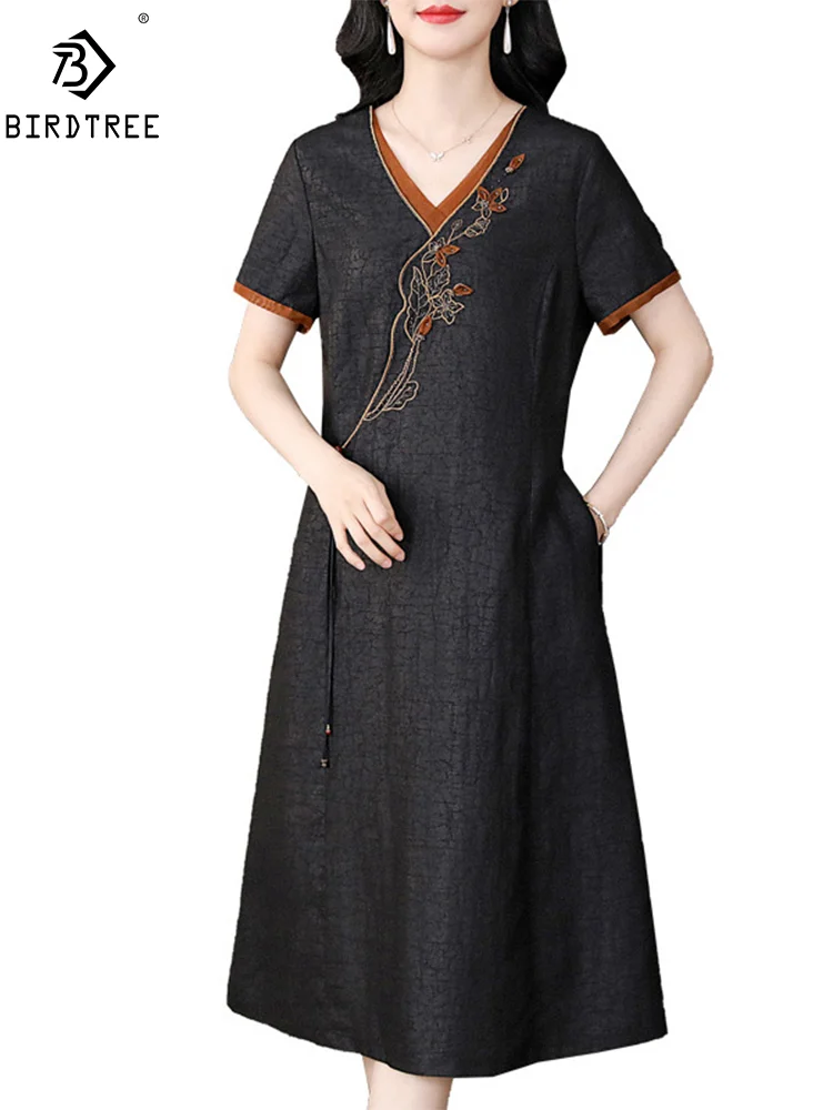 BirdTree, Watered Gauze Silk Elegant Dress, Women Short Sleeve Embroidery, Vintage Chinese Dresses, 2024 Summer Autumn D46057QM