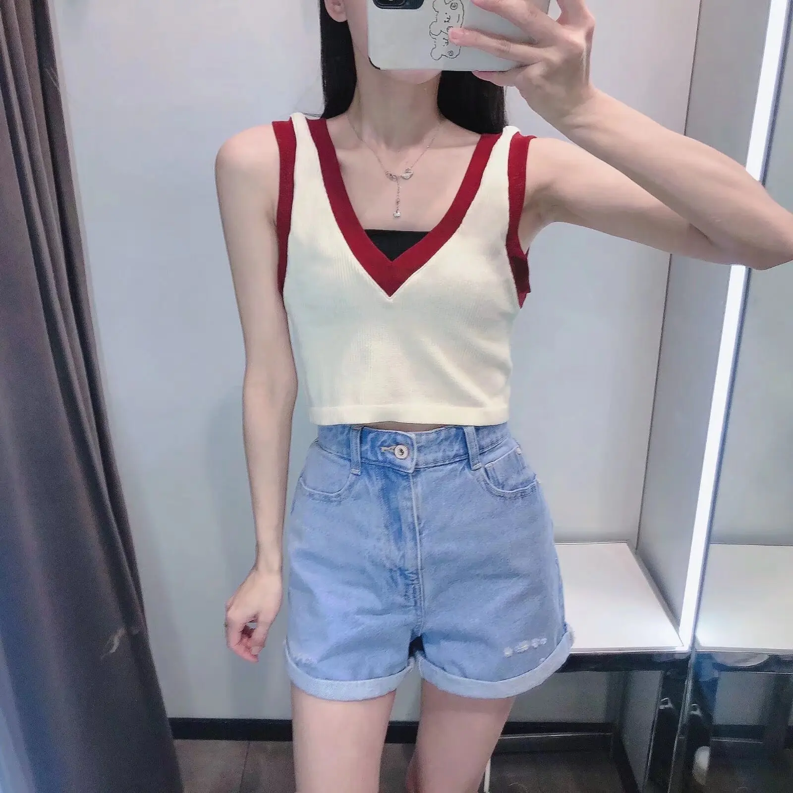 Women's new fashion elastic slim short contrasting ribbed knitted top retro sleeveless double V-neck women's vest chic top