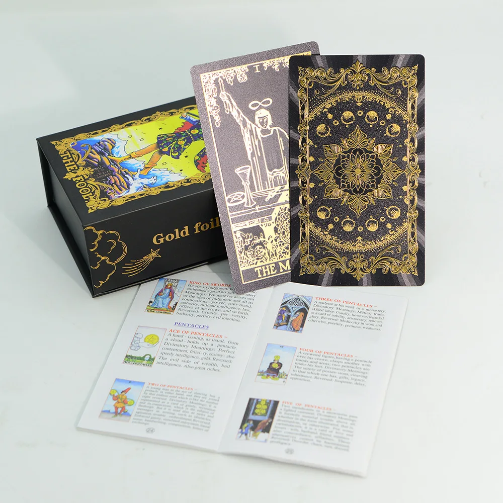 

12*7cm Gold Foil Tarot Cards with Guide Book Plastic Waterproof Black Card Deck Mysterious Board Game Divination Cards
