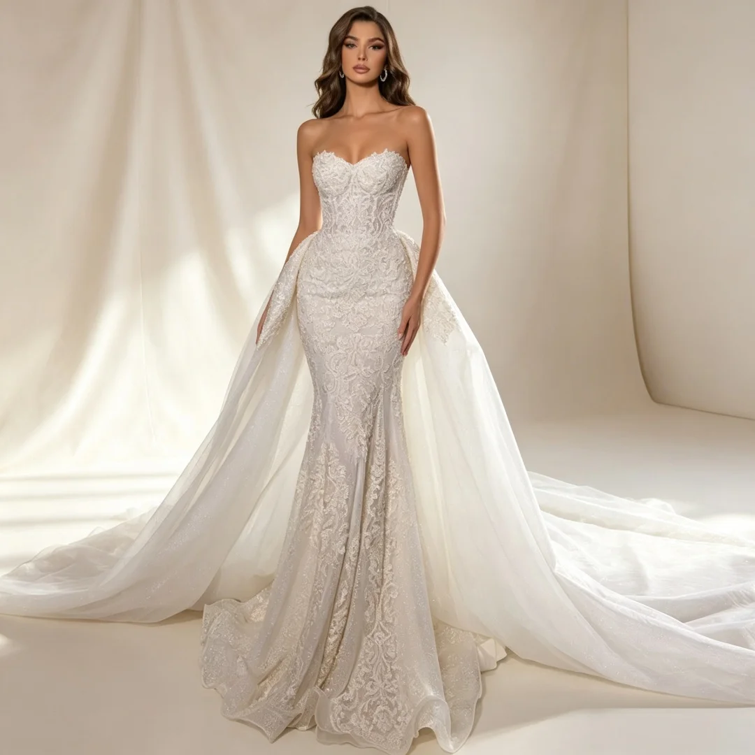 Customized 2 in 1 Strapless Lace Mermaid Wedding Dress Sleeveless Beaded Shiny Tulle Bridal Gown with Detachable Train