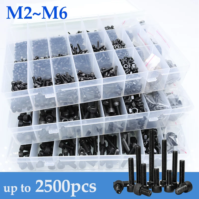 

M2 M3 M4 M5 M6 Hex Socket Bolt and Nut Washer Set Black Threaded Hexagonal Carbon Steel Grade 12.9 Machine Screws Computer Bolts