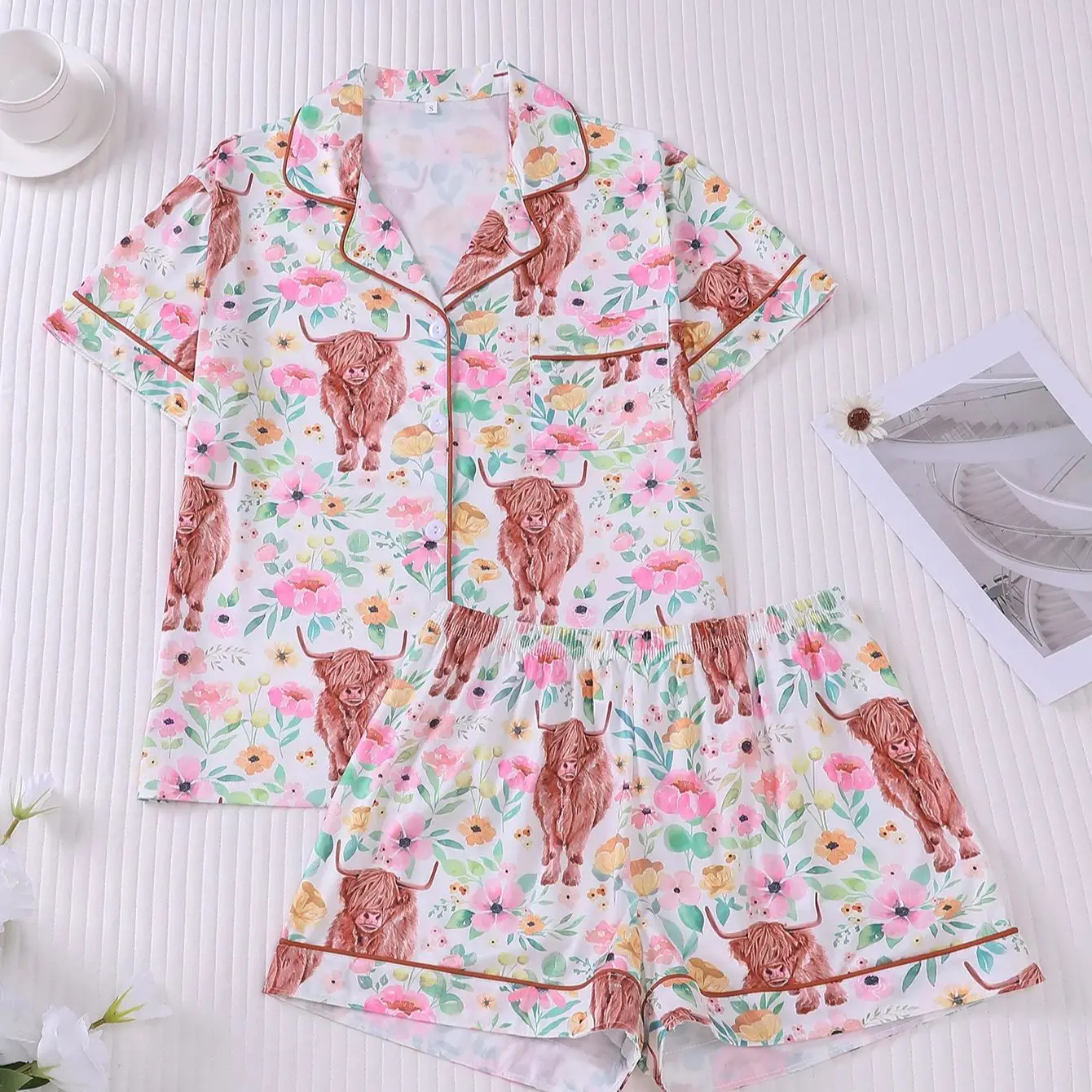 

American pastoral style cute pet cow print pajamas short sleeved shorts two-piece set for women's casual home wear