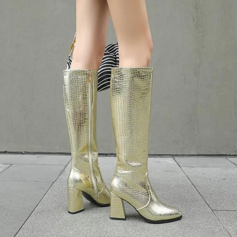 ZawsThia green yellow boots for woman snake skin PU leather block high heels zipper womens winter boots knee high long boots image 3