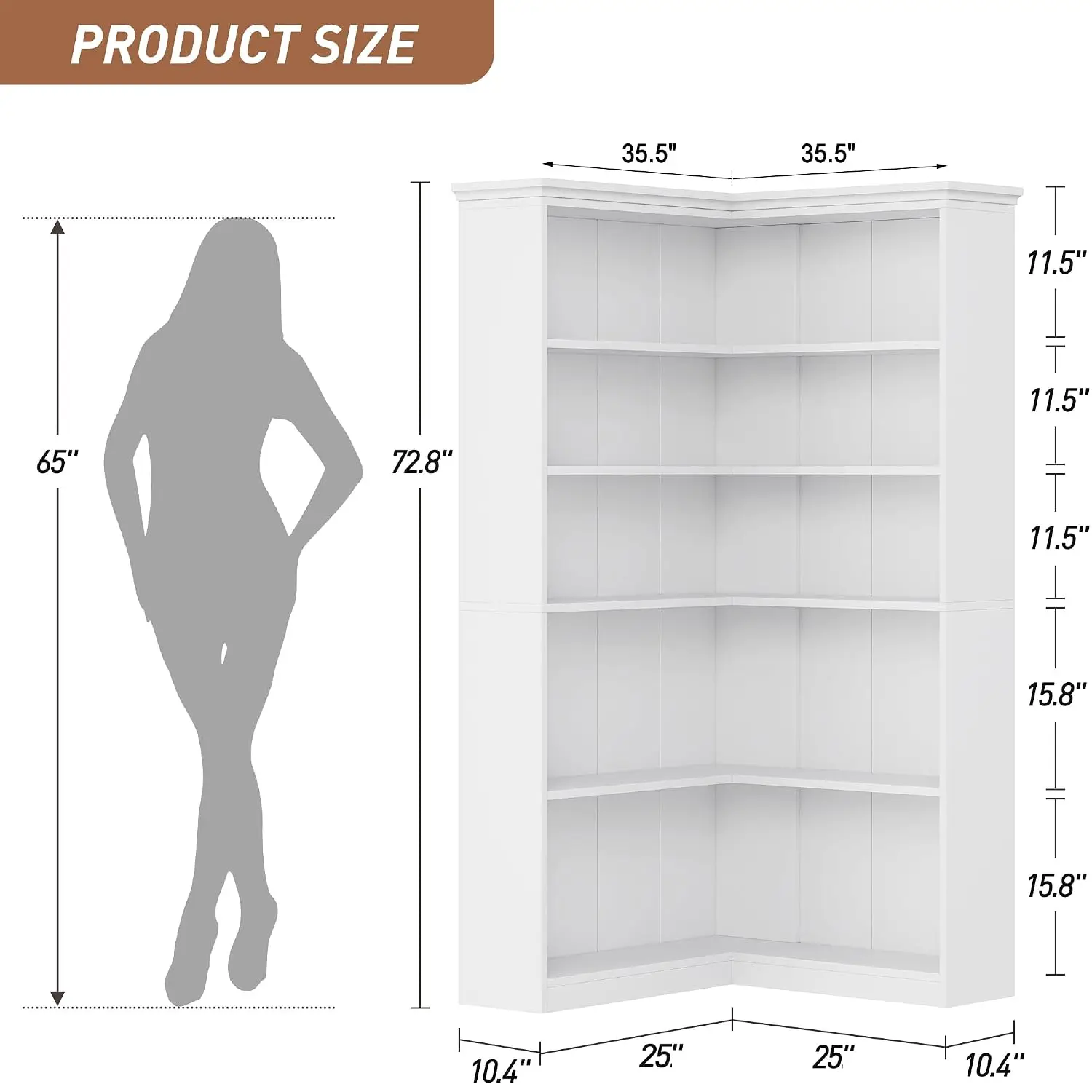 Farmhouse Corner Bookshelf 72.8in 5 Tier L Shaped Wood Storage Display Rack Living Room Bedroom White Full Panel, Customized
