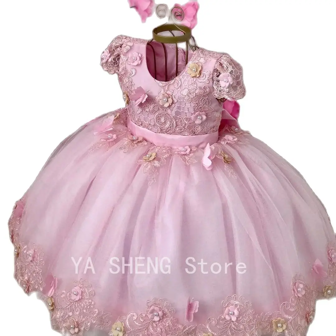 فستان حفلة دانتيل وردي عاري الذراعين ، فساتين فتيات بالزهور لحفلات الزفاف ، طفل مطرز بالخرز ، فساتين المسابقة ، تول بطول الكاحل ، أطفال ، P