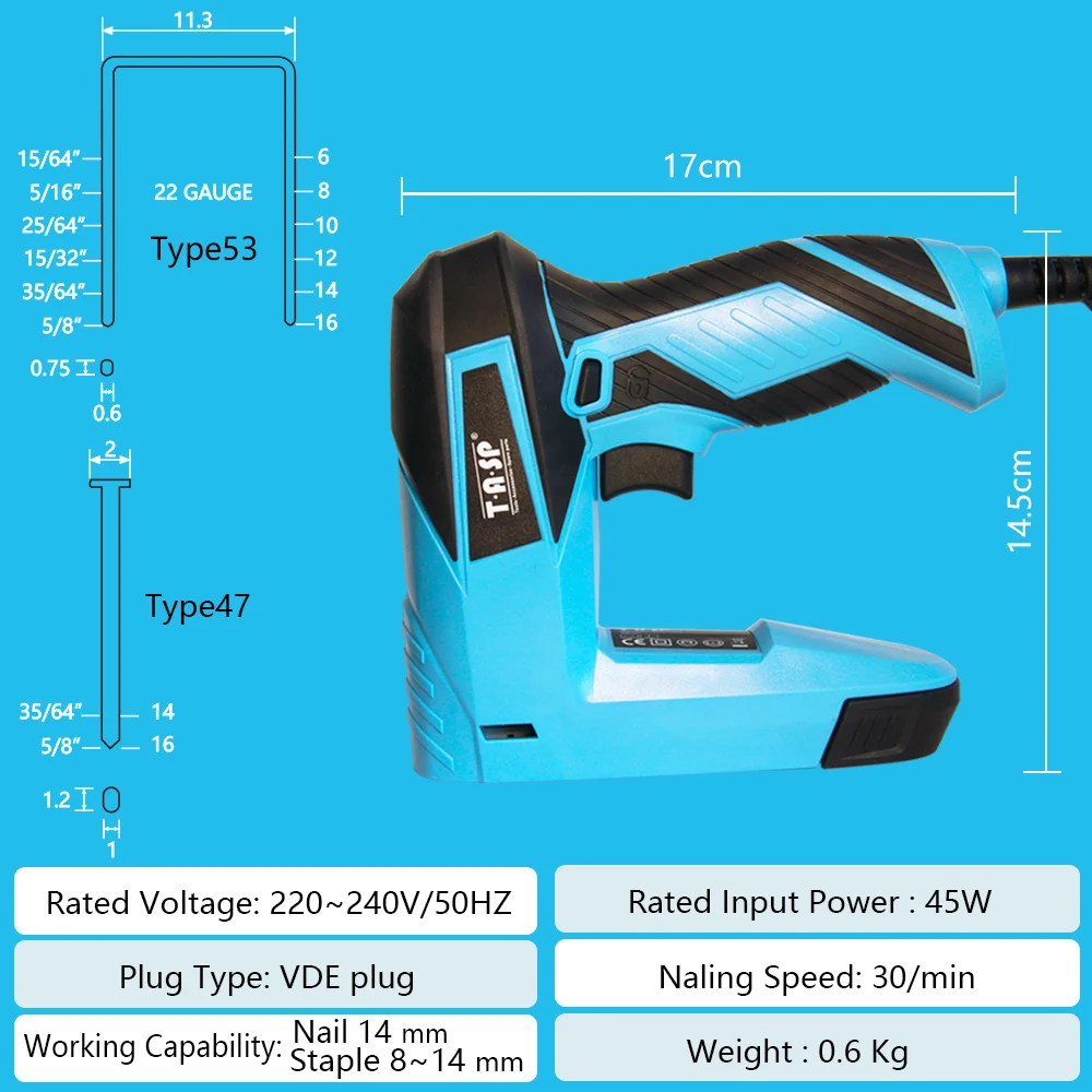 TASP 230V Electric Stapler Furniture Construction Nail Gun Tacker 14mm Staples & Nails Power Tools for Home Upholstery DIY