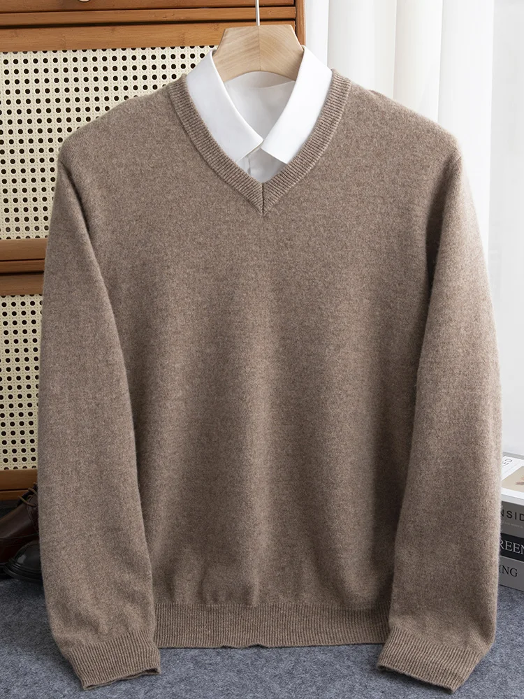 

Classical Men's Solid Color Basics Sweater Autumn Winter 100% Merino Wool Knitwear V-Neck Pullover Smart Casual Grace Business