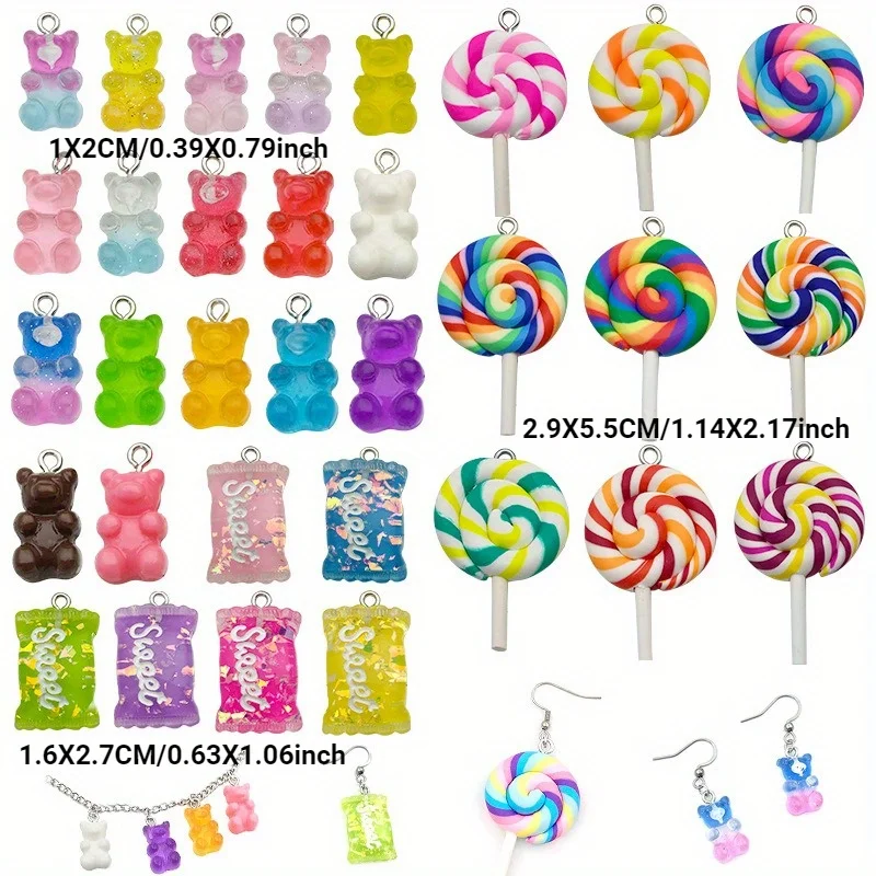 

32pcs Mixed Lollipop Bear Resin Charms for Making Drop Earrings Pendants Necklaces Keychains Bracelets DIY Jewelry Accessories