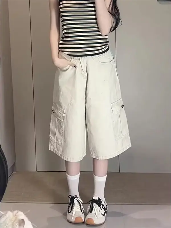 plus Size American Workwear Wide Leg Seven-Foot Pants Women's Loose Multi-Pocket Design Straight Cut Mid-Length Jeans