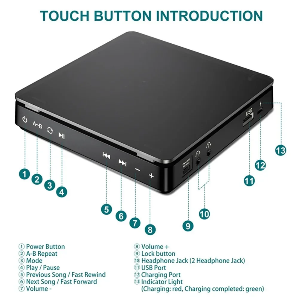 LEDデジタルCD付きポータブルレトロウォークマン,ウォーキングマシン,Uディスクプレーヤー,デュアルヘッドフォン,音楽プレーヤー,3.5mmディスプレイ,スマートタッチ,mp3