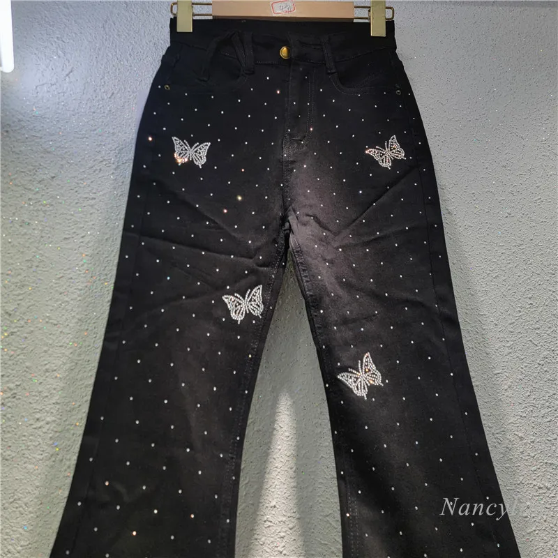 Ins Fashion Butterfly Hot Diamond Horn Jeans Women's 2024 New Autumn High Waist  Elastic Slim Black Denim Pants Trousers