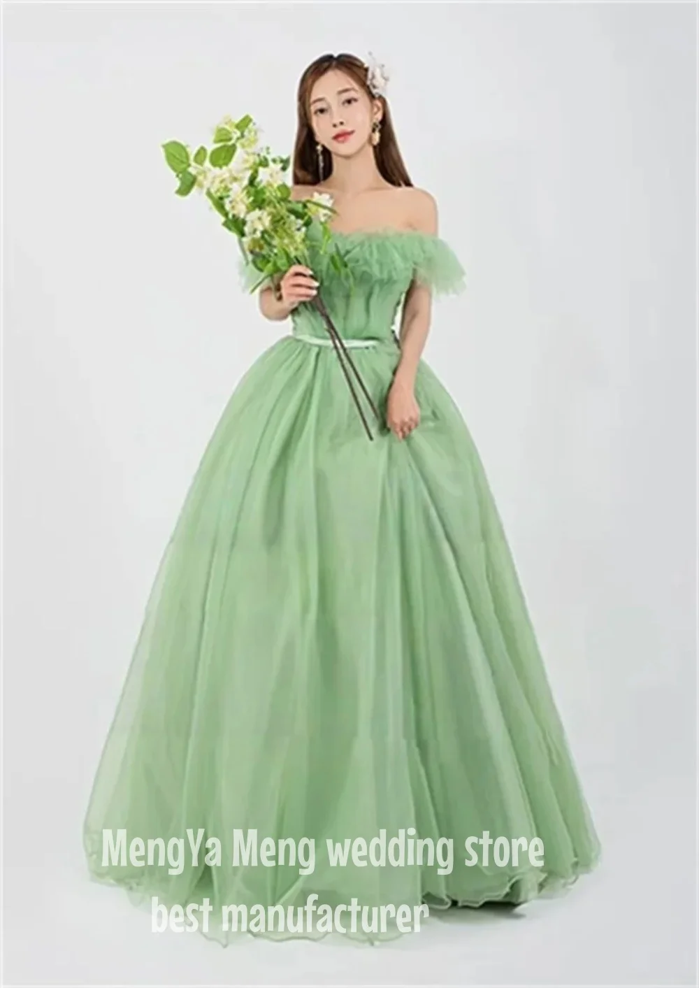 

ZHUISHU Dreamy Romantic Light Green Wedding Dress One Shoulder Puffy Ball Gown Korean Photo Shoot Tulle Bridal Gown Customized
