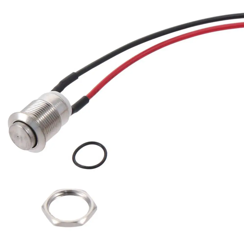 Durable 12mm Momentary Push Button Switch with pre-Wiring Black Shell Stainless Steel 1 Normally Open