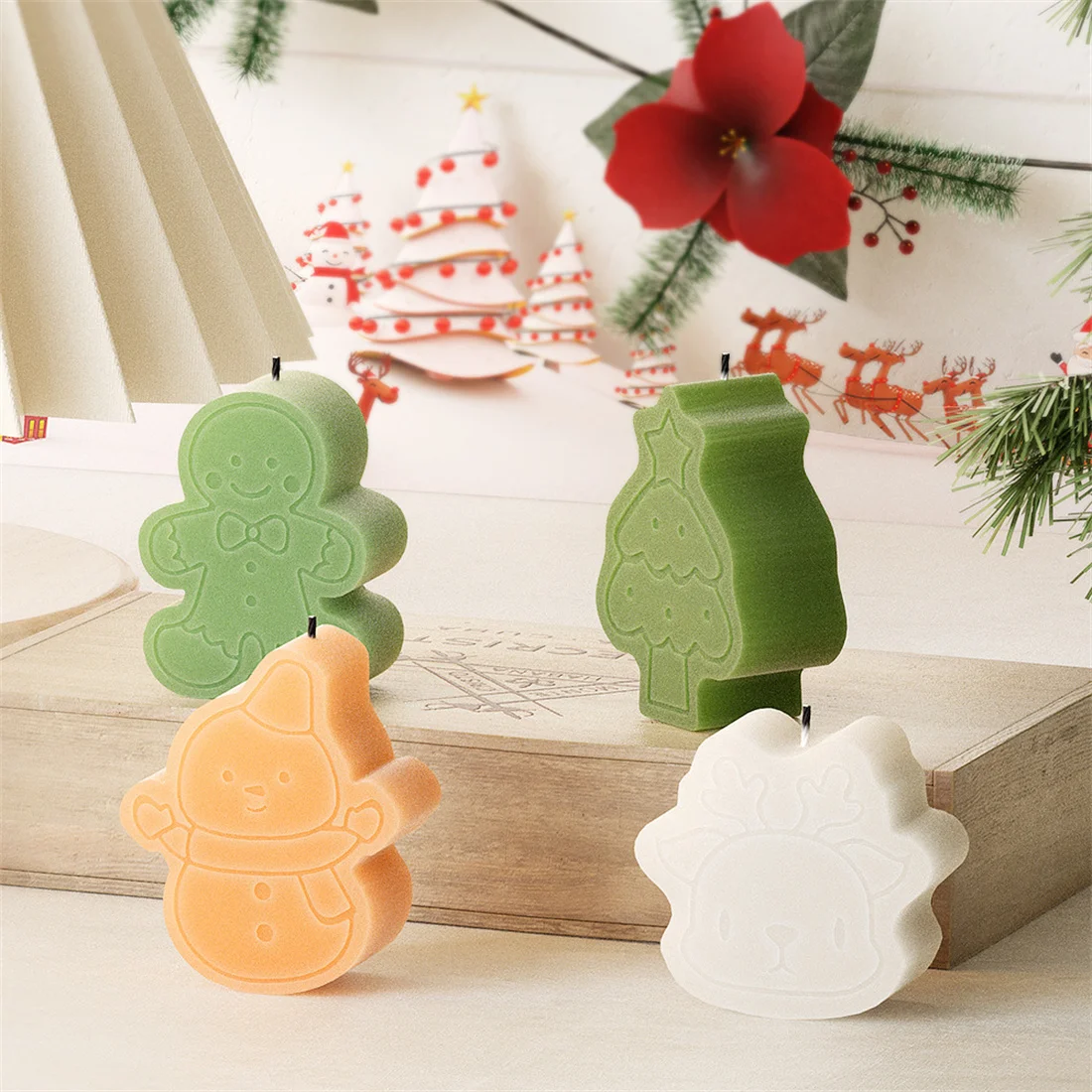 4 Holes Christmas Tree Gingerbread Man Candle Moulds Snowman Santa Soap Resin Silicone Molds Animal Elk Home Party Plaster Decor