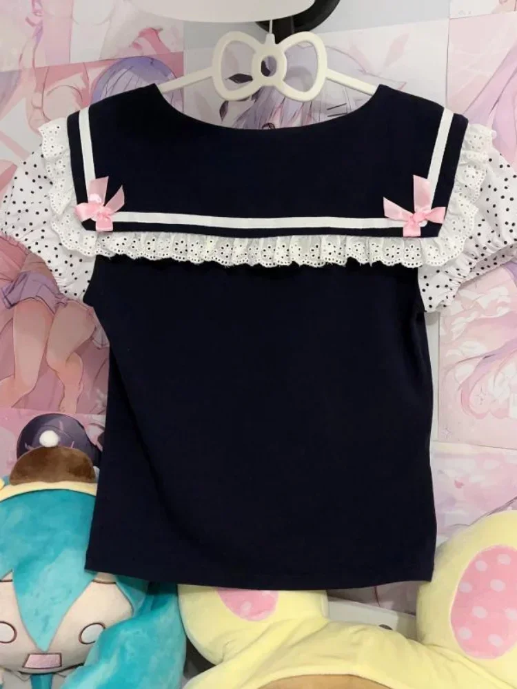 Japanese Y2k Lace T-shirt Women Kawaii Cartoon Embroidery Graphic T Shirts Harajuku Fashion Casual Bow Tops Cute Tees Camisetas