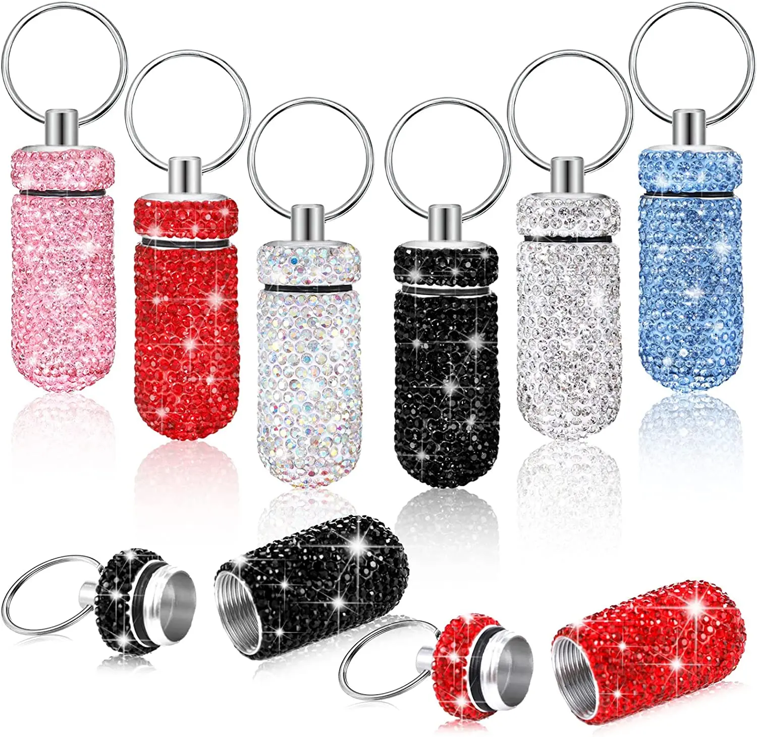 Bling Rhinestone Pillenbehälter, tragbares Pillenflaschenetui, wasserdichte Reise-Medizinbox, schöner Halter zur Aufbewahrung mit Schlüsselanhänger – Detail 1