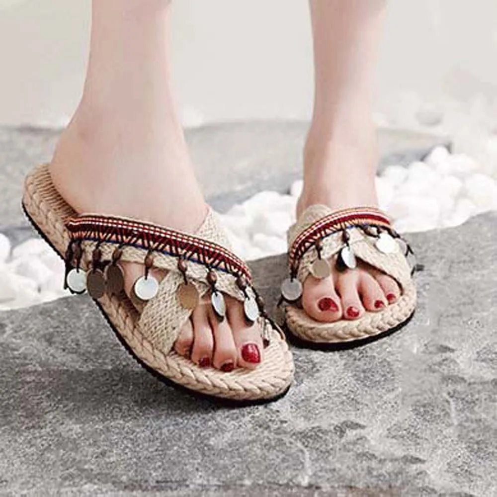 

Соломенные шлепанцы в стиле ретро, тапочки в богемном стиле с имитацией ракушки, льняные пляжные тапочки с кисточками на плоской подошве, пляжные тапочки
