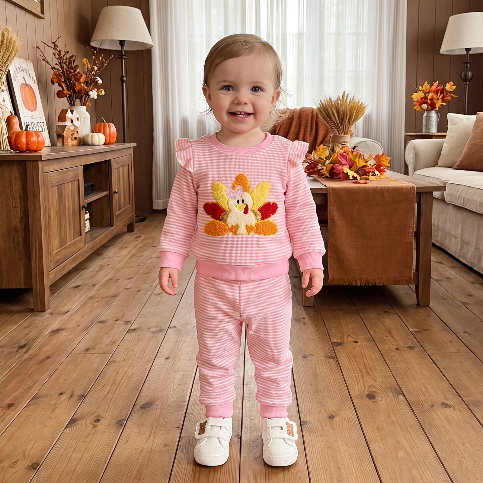 Toddler Girl Thanksgiving Outfit Ruffle Long Sleeve Sweatshirt Stripe Pants