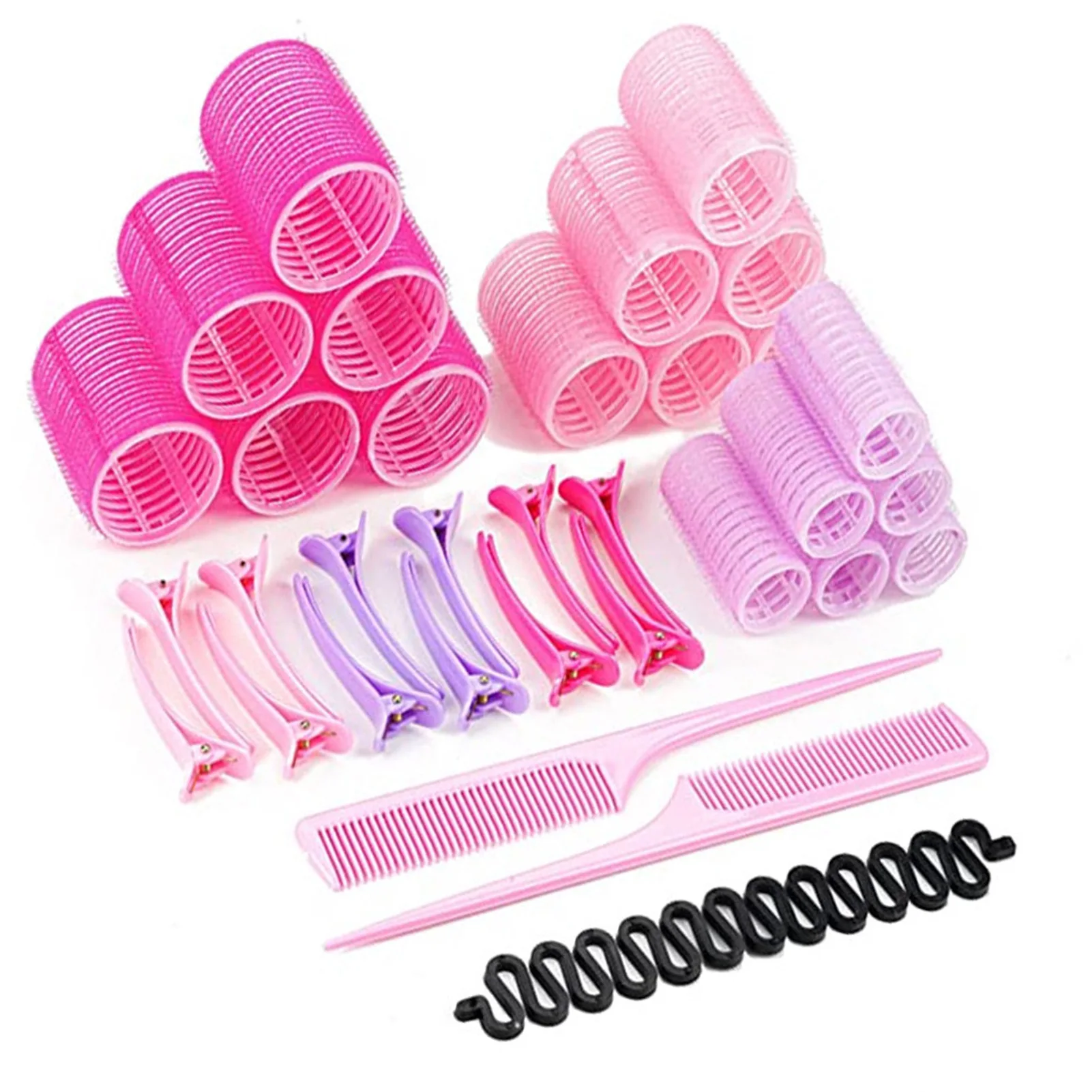 

33pcs/Set Pink Plastic Large Grip Hairdressing Hair Roll Roller Curlers Salon Home Use DIY Curling Curler Rollers Styling Tools