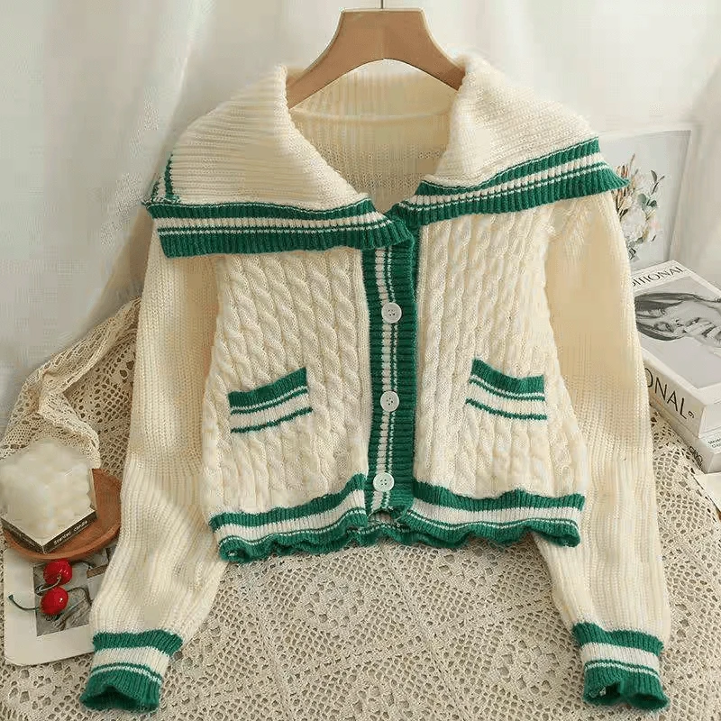 Sailor Collar Short Sweater Cardigan Knit Coat Preppy Chic Y2K Casual Women Clothing Autumn Winter Long Sleeve Top Pocket Sweet