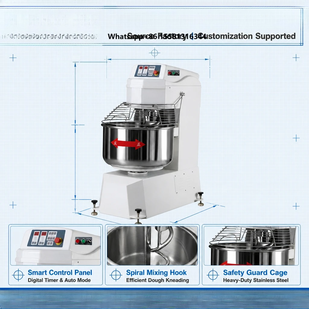 Commercial 20L-60L Spiral Dough Mixer with 3kW Motor Fixed Type for Bakeries Cake Shops & Pizza Restaurants