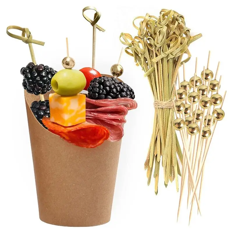 A33Z-50PCS 14Oz Kraft Charcuterie Cups With 200 Sticks (2 Types) - Wide Enlarged Top Cutout For Better Display