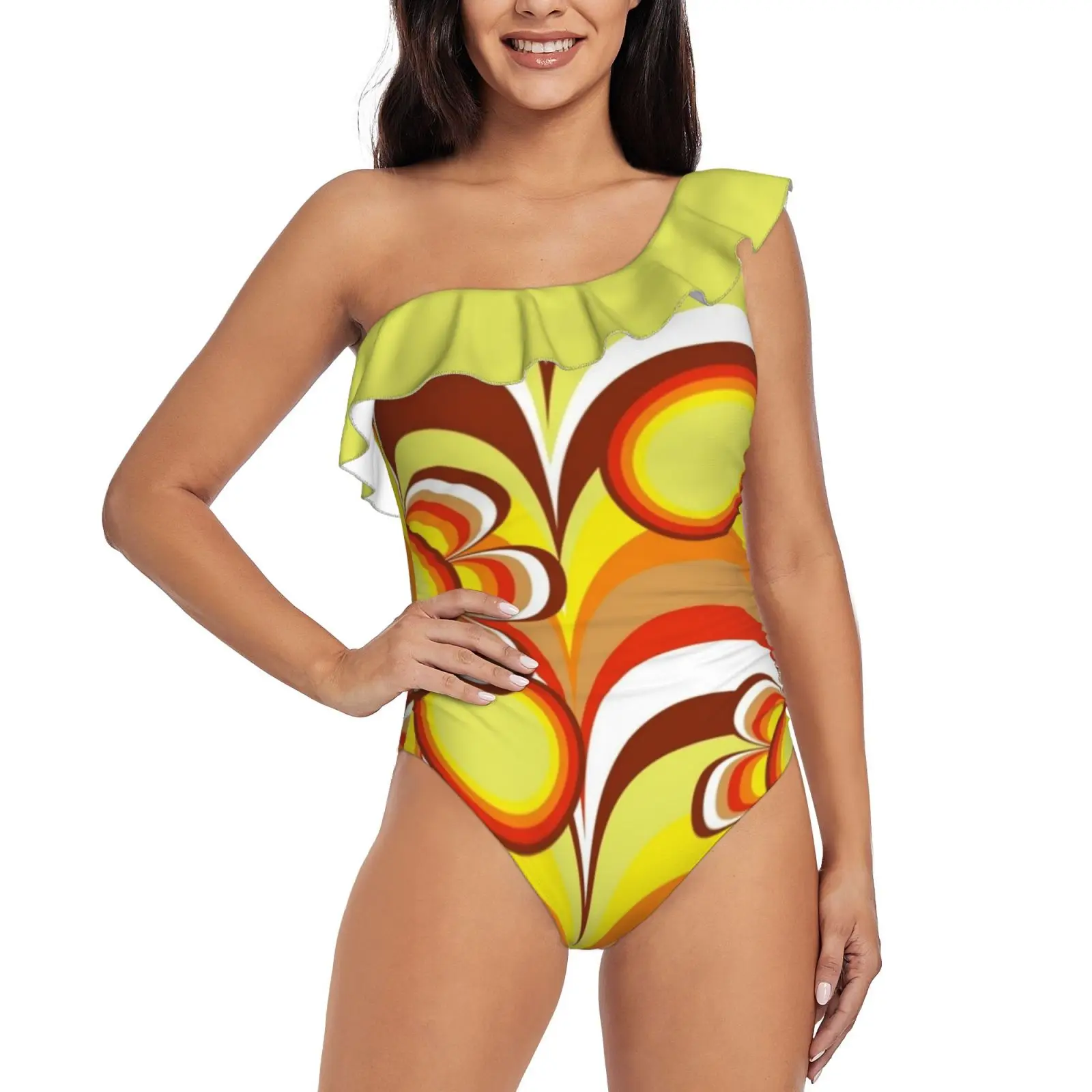 

Groovy 60S Psychedelic Flower One Shoulder Ruffle Swimsuit Print Swimwear Female One Piece Monokini Bathing Suit Makanahele