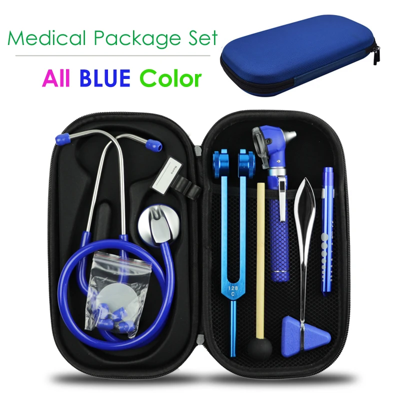 

Blue Classic Medical Health Monitor Storage Case Kit with Stethoscope Otoscope Tuning Fork Reflex Hammer LED Penlight Torch Tool