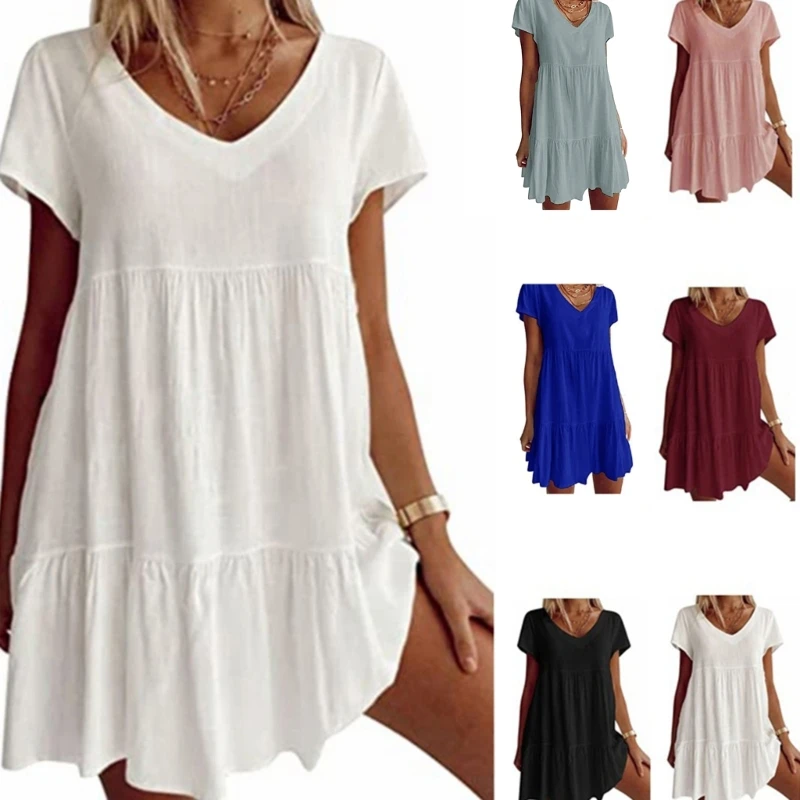 

Women Short Sleeve V-Neck A-Line Ruffle Hem Swing Tunic Mini Dress Solid Color Dropship