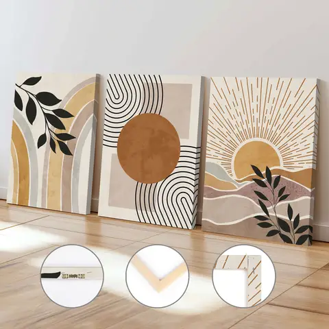 Orange Geometric Sun Plant Framed Canvas Painting Bohemian Abstract Lines Modern Art Print Home Bedroom Office Decoration