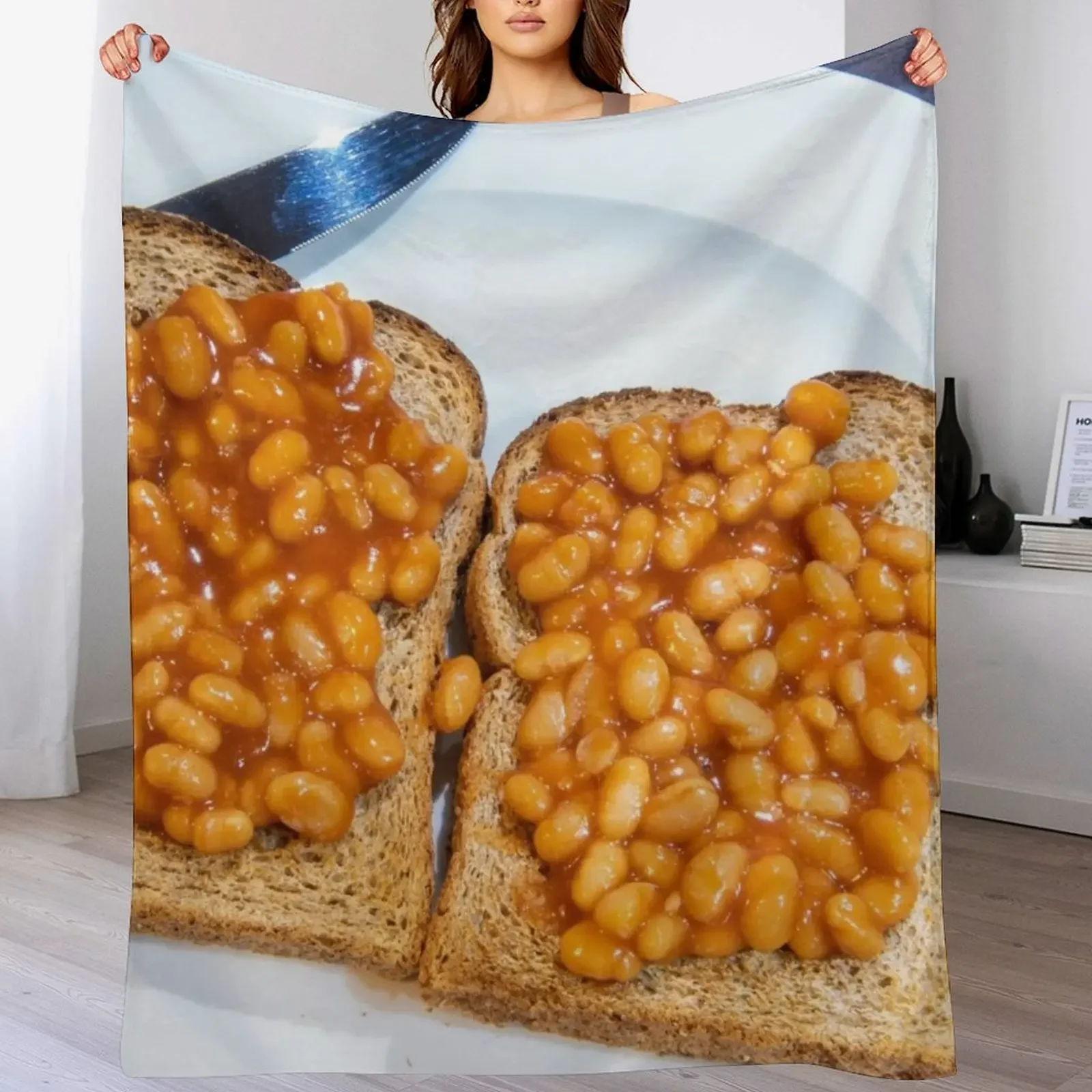 Baked beans on toast on white plate Throw Blanket Warm Accent Blanket for Living Room Decoration