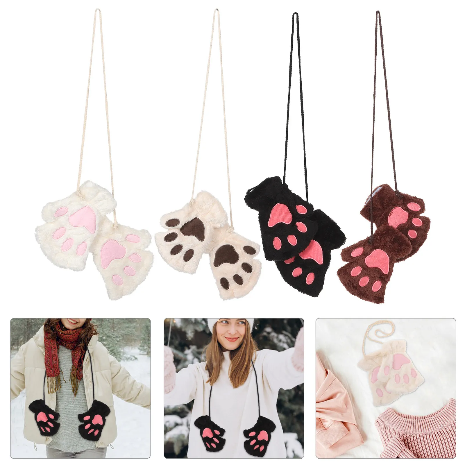 

4 пары мультяшных перчаток-лапок кошки без пальцев, зимние теплые варежки в виде когтей животных, для девочек и женщин, милые декоративные варежки-лапки