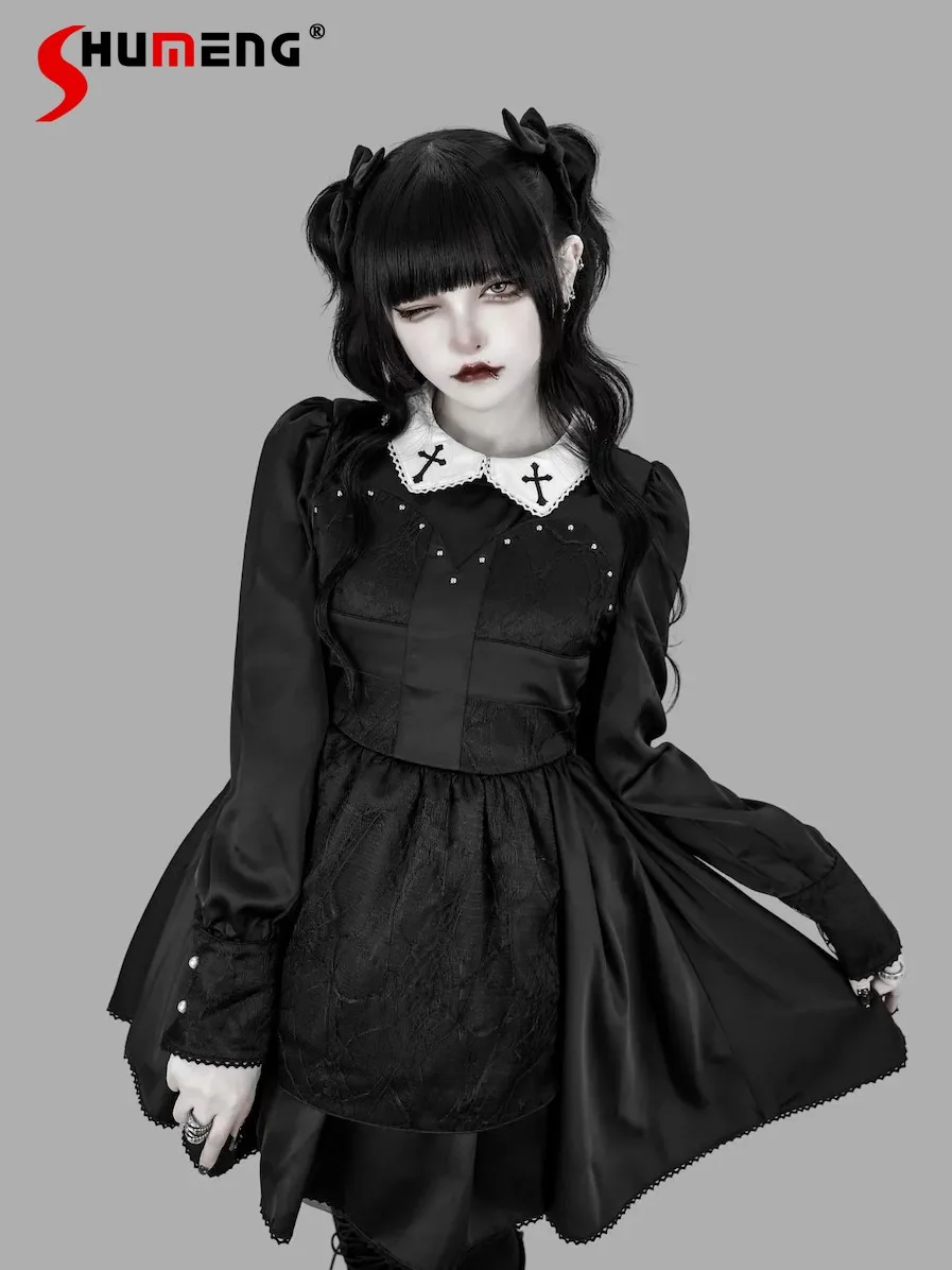 

Japanese Harajuku Subculture Black Long Sleeve Dress OP 2026 Spring New Girl's Sweet Cool Fashion Gothic Dress Punk Style Dress