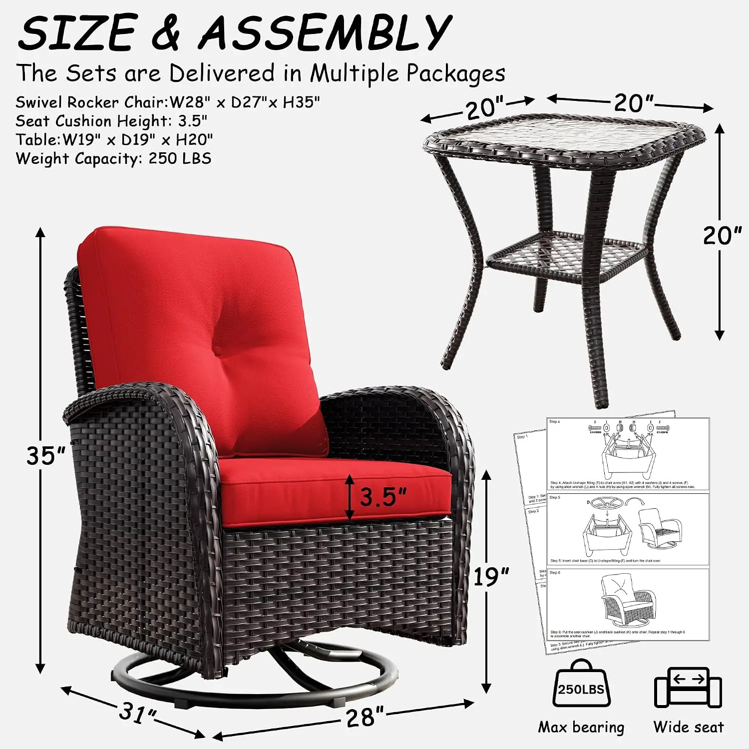 Patio Swivel Glider Wicker Chair Set 2 & Side Table 3 Piece Outdoor Furniture, Customized