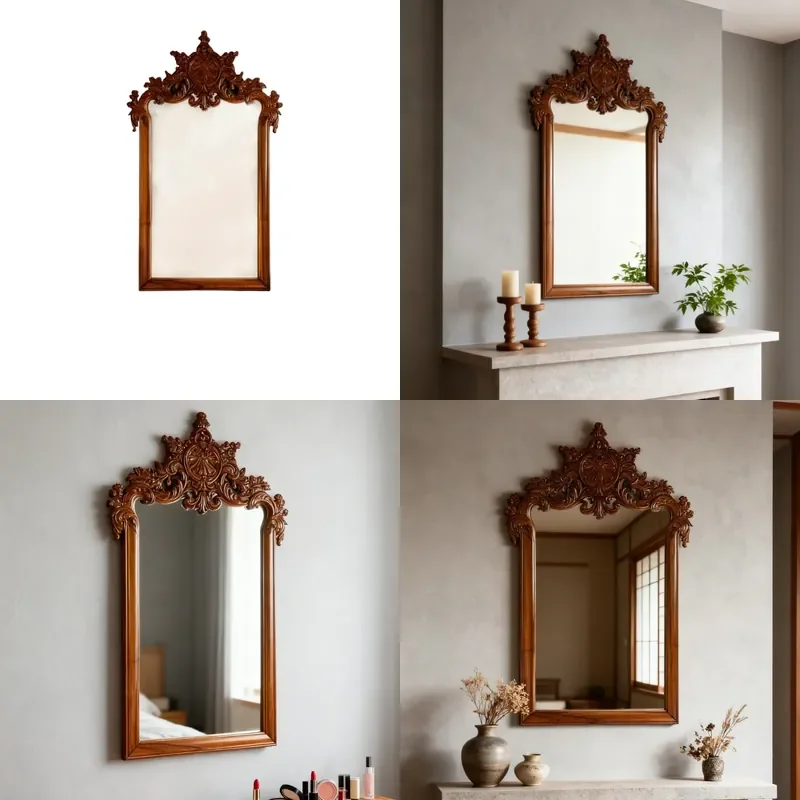 for Medieval Walnut Wood Hanging Mirror Top Rolled Grass Pattern Carved Mirror Bedroom Porch Niche Retro Decorative Mirror