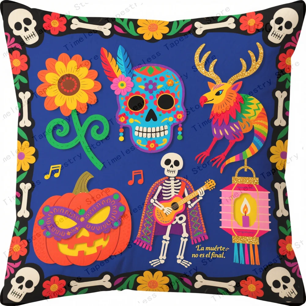 طباعة جمجمة السكر المثيرة لـ Dia De Los Muertos على غطاء وسادة مزخرف ممتع وغطاء وسادة ناعم ومريح