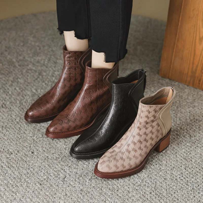 الجلود الصوف مبطن المرأة حذاء من الجلد أنيقة فاخرة Y2k كعب الإناث أحذية قصيرة جديد في الخريف الشتاء أشار تو الجوارب #6