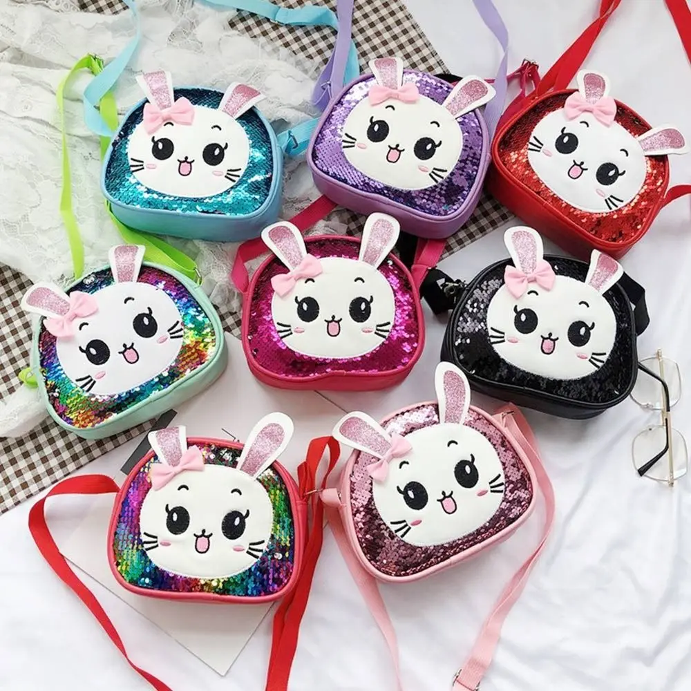 New Cartoon Cute Sequins Bunny Pu Leather Shoulder Bag Sweet Little Princess Shoulder Coin Purse Crossbody Bag