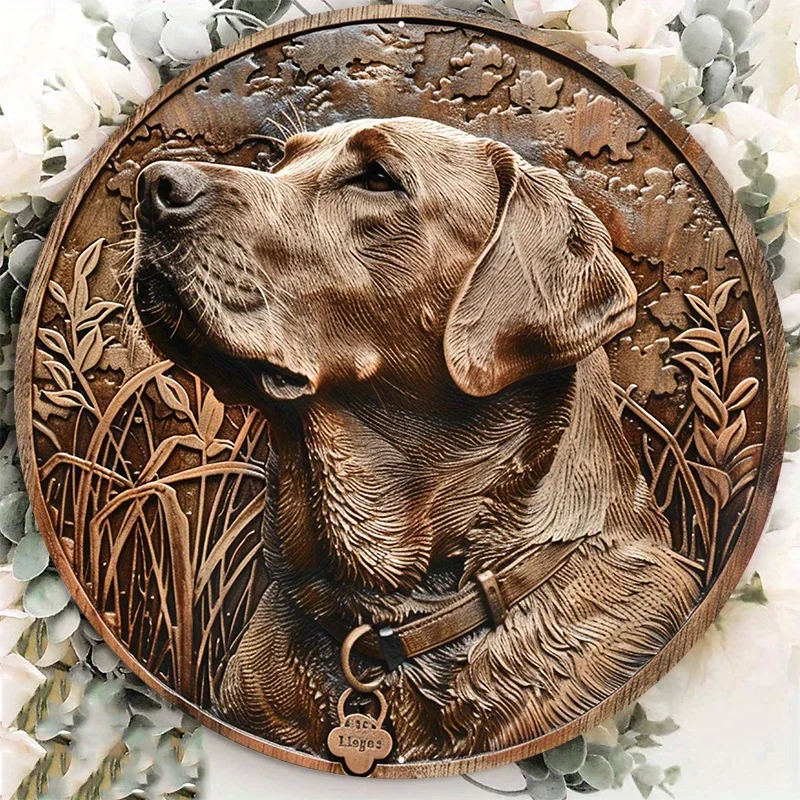 Aluminum Circular Metal Sign Plaque, Engraved Wooden Labrador Retriever Dog Plaque, Wall Art, Home Decor, 8x8Inch, 1Pc