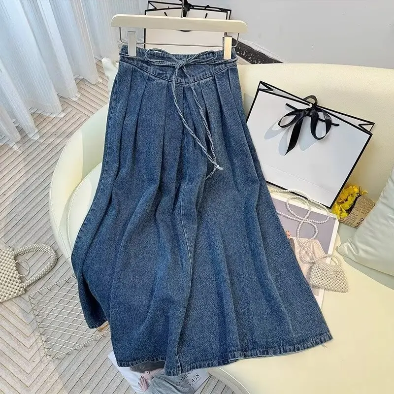 

Retro Lace Up Denim Skirt For Women Autumn High Waisted Medium Length Pleated Skirt Temperament Large Hem A-line Umbrella Skirt