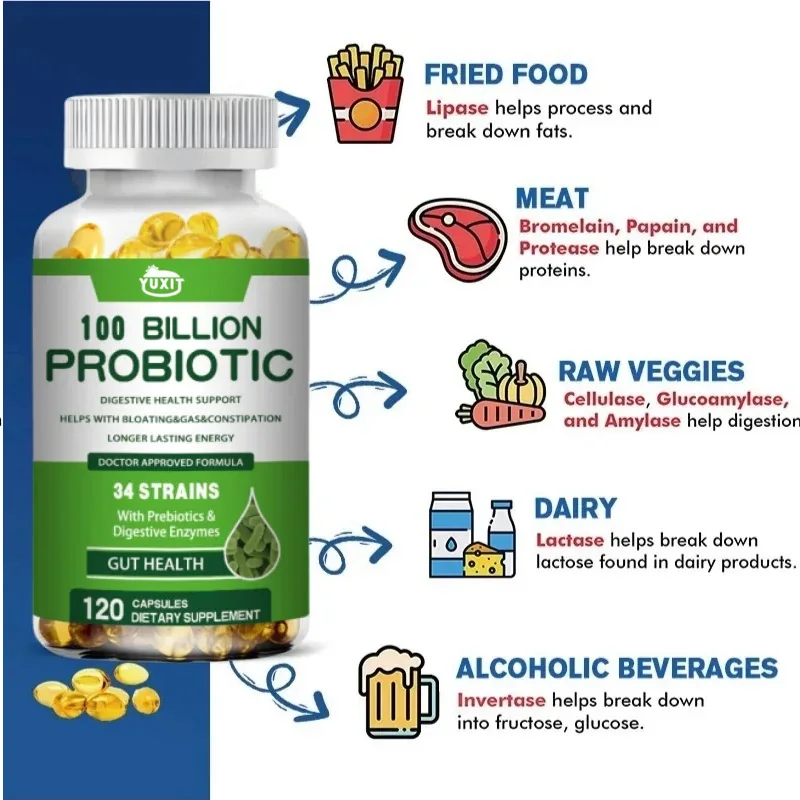 YUXIT Prebiotic Digestive Enzyme 120 Vegetarian Capsules 5 Probiotic Compounds - Supporting Intestinal Health